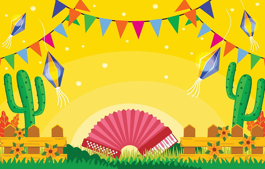 Festa Junina Celebration Scene with Accordion, Cacti, and Colorful Bunting HD wallpaper