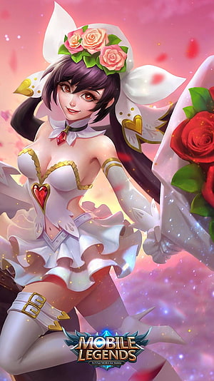 Layla in a White and Gold Rose-Themed Outfit from Mobile Legends HD phone wallpaper