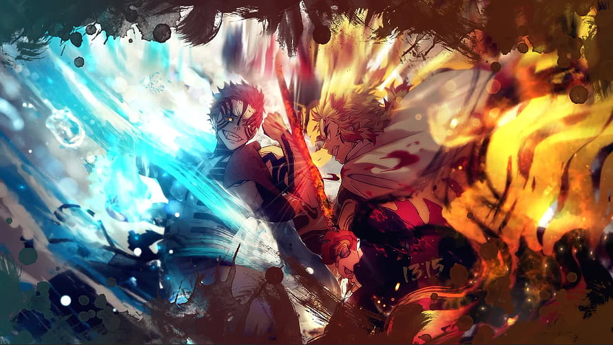 Demon Slayer Anime Artwork: Rengoku and Akaza in a Fiery Ice Clash HD wallpaper