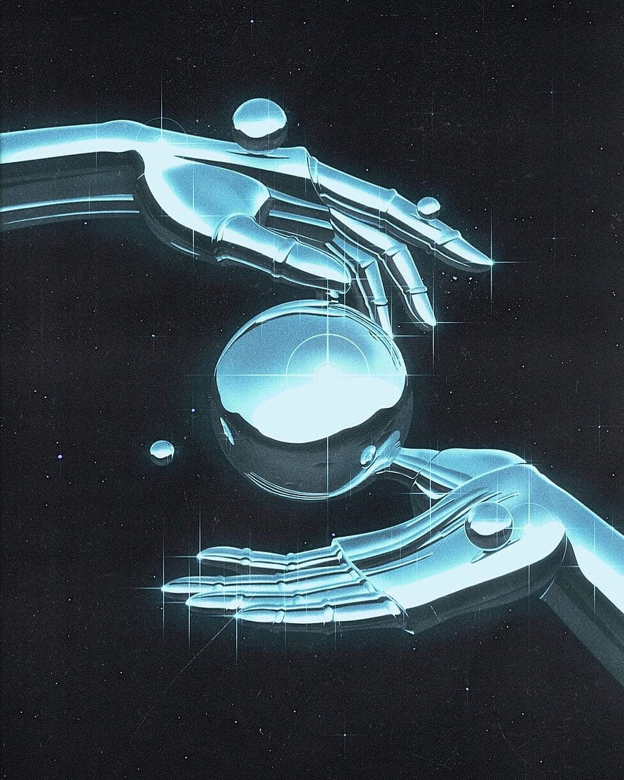 Hajime Sorayama Chrome Hands Cradling a Glowing Sphere in a Starry Void HD phone wallpaper
