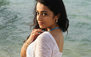 Trisha Krishnan in White Knit Top by the Sea HD wallpaper
