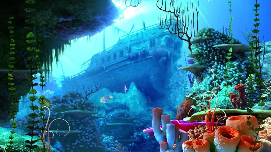 Vibrant Underwater Coral Reef Scene With Sunken Shipwreck And Colorful Marine Life HD wallpaper