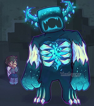 Minecraft Warden Monster with Glowing Cyan Armor and Scared Player Character HD phone wallpaper