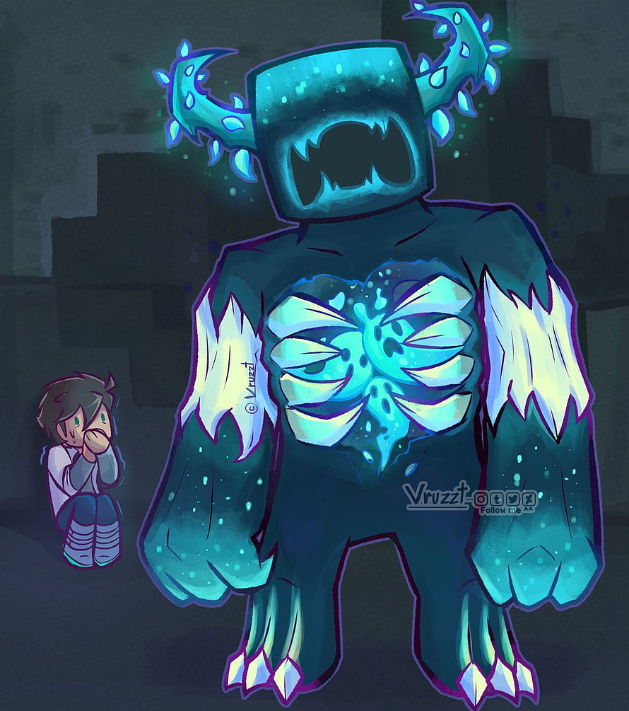 Minecraft Warden Monster with Glowing Cyan Armor and Scared Player Character HD phone wallpaper