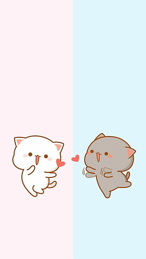 Cute Kawaii Cat Couple Cartoon on Pastel Pink and Blue Split Background HD phone wallpaper