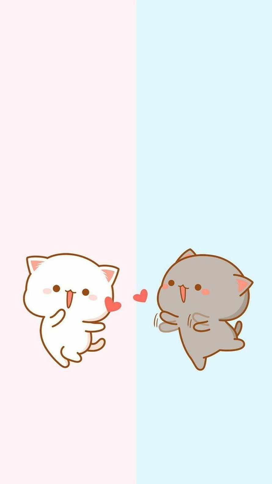 Cute Kawaii Cat Couple Cartoon on Pastel Pink and Blue Split Background HD phone wallpaper