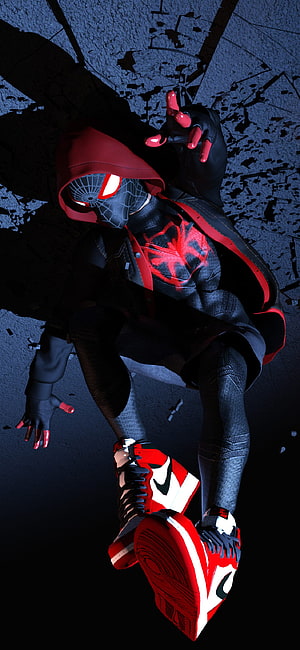 Miles Morales in Black and Red Suit with Hood and Nike Sneakers HD phone wallpaper