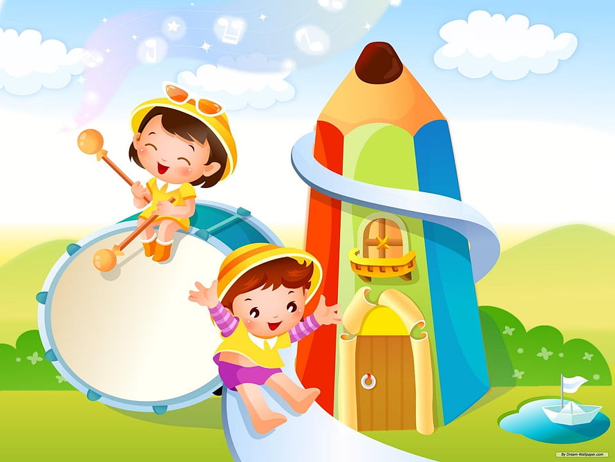 Cute Cartoon Children Playing Music and Sliding on a Giant Pencil House in a Sunny Meadow HD wallpaper