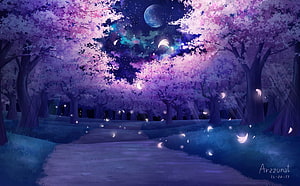 Dreamy Nighttime Cherry Blossom Grove with Glowing Fireflies and Crescent Moon HD wallpaper