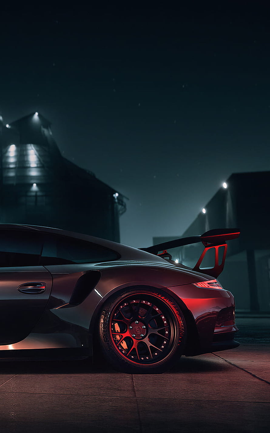 Porsche 911 GT3 RS Night Scene with Red Underglow and Industrial Backdrop HD phone wallpaper