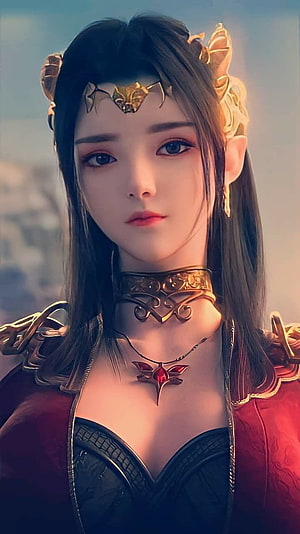 Cai Lin Fantasy Character Portrait with Golden Crown and Red Gem Necklace HD phone wallpaper