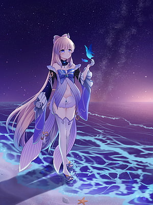 Sangonomiya Kokomi from Genshin Impact Standing on a Moonlit Beach with Glowing Fish HD phone wallpaper