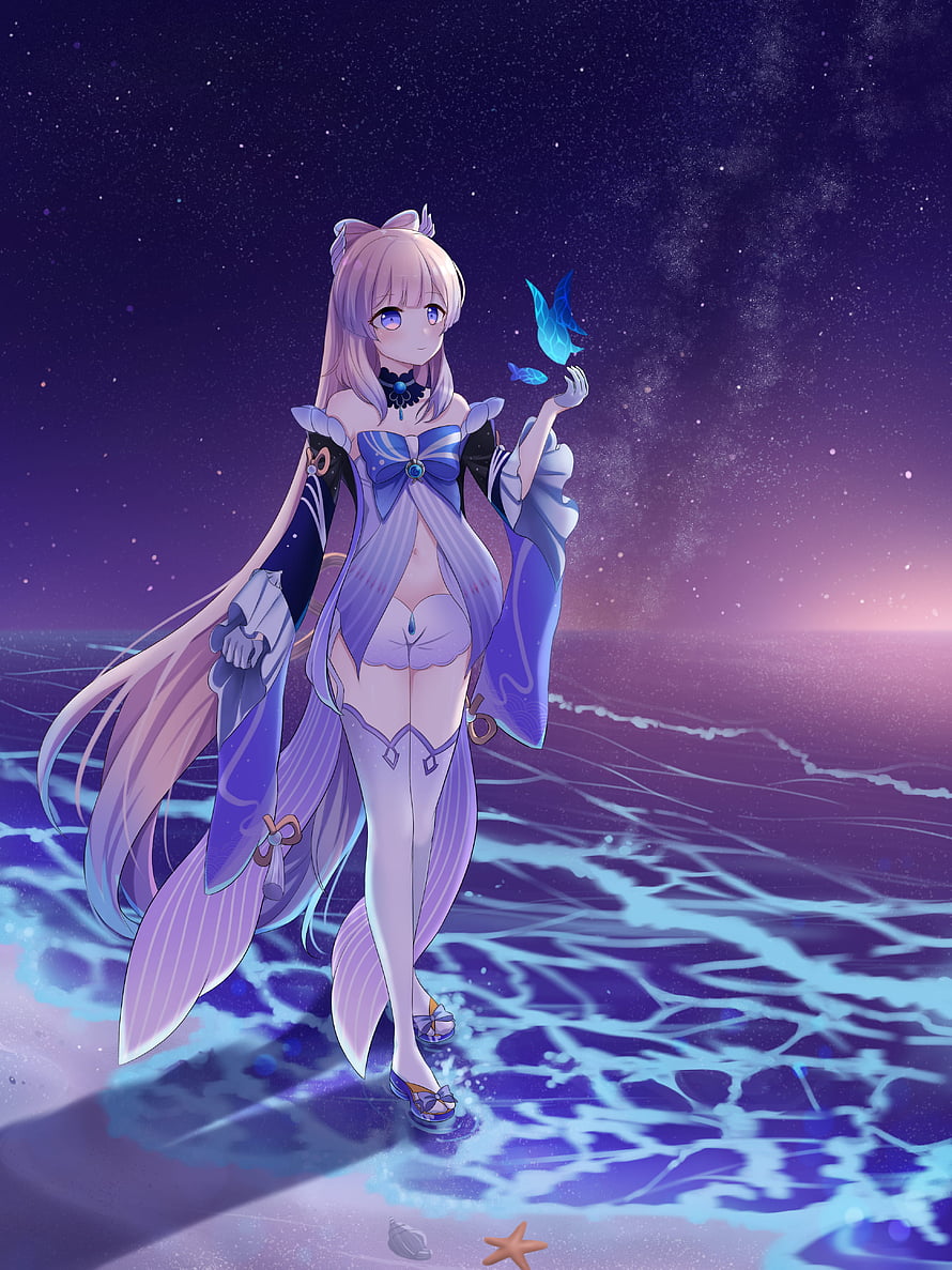 Sangonomiya Kokomi from Genshin Impact Standing on a Moonlit Beach with Glowing Fish HD phone wallpaper