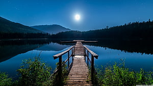 Serene Moonlit Lake with Wooden Dock and Starry Night Sky HD wallpaper