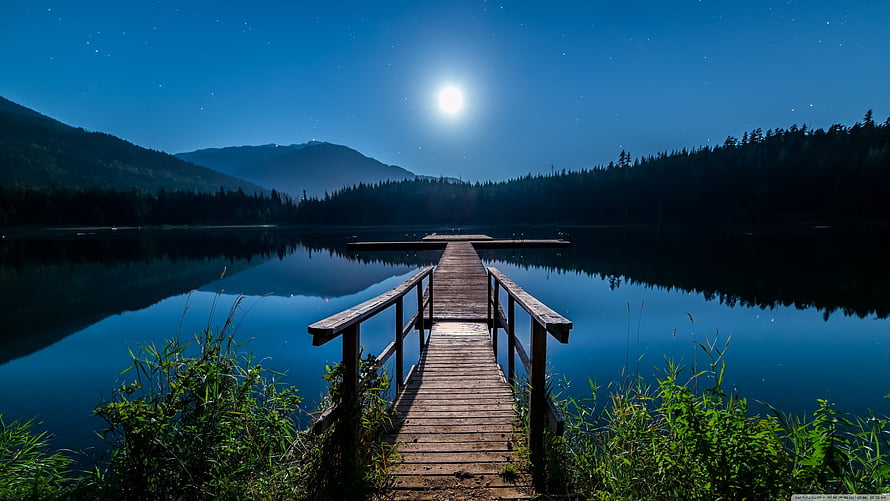 Serene Moonlit Lake with Wooden Dock and Starry Night Sky HD wallpaper