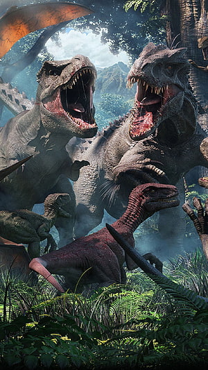 Jurassic World Evolution T-Rex and Carnotaurus Roaring in Dense Prehistoric Jungle HD phone wallpaper