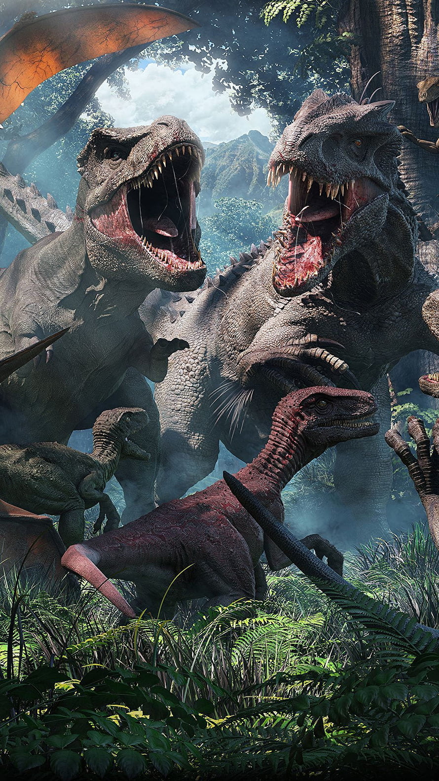 Jurassic World Evolution T-Rex and Carnotaurus Roaring in Dense Prehistoric Jungle HD phone wallpaper