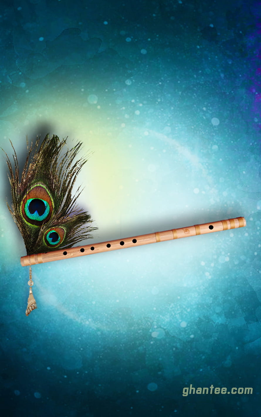 Krishna Bansuri with Peacock Feather on Ethereal Blue Background HD phone wallpaper
