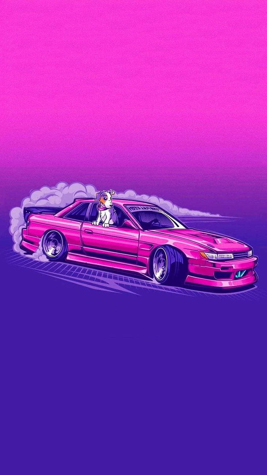 Pink JDM Drift Car with Dog Passenger in Vibrant Purple Gradient Illustration HD phone wallpaper