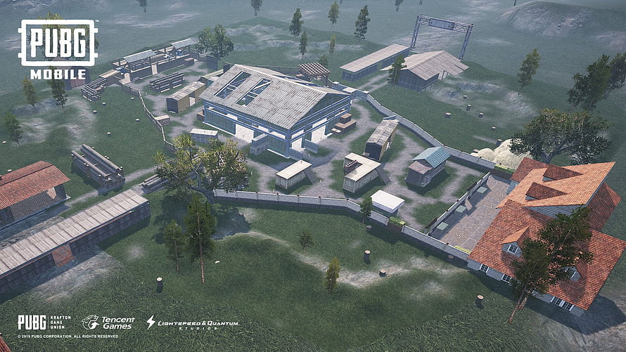PUBG Mobile TDM Map Aerial View with Industrial Buildings and Green Terrain HD wallpaper