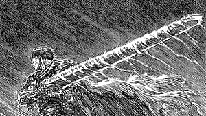Berserk manga panel featuring Guts wielding a massive sword in a dramatic black and white ink illustration HD wallpaper