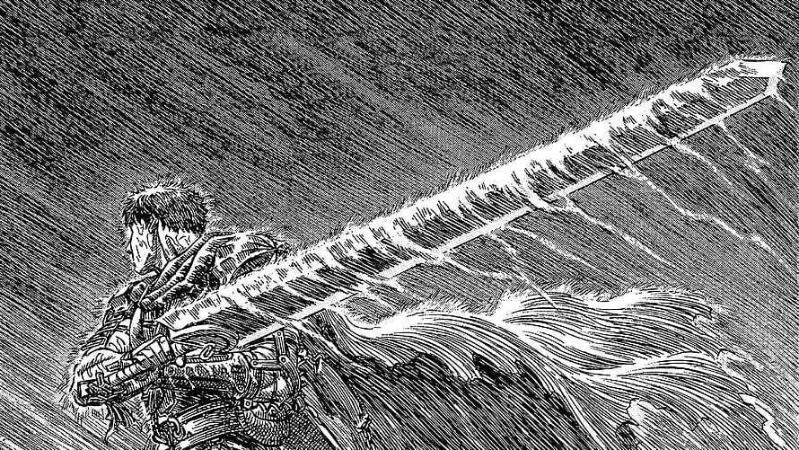 Berserk manga panel featuring Guts wielding a massive sword in a dramatic black and white ink illustration HD wallpaper