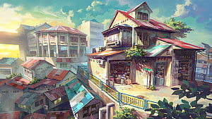 Sunlit Japanese Anime Street Scene With Traditional Shophouses And Rustic Roofs HD wallpaper