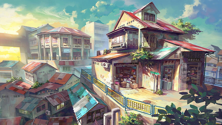 Sunlit Japanese Anime Street Scene With Traditional Shophouses And Rustic Roofs HD wallpaper