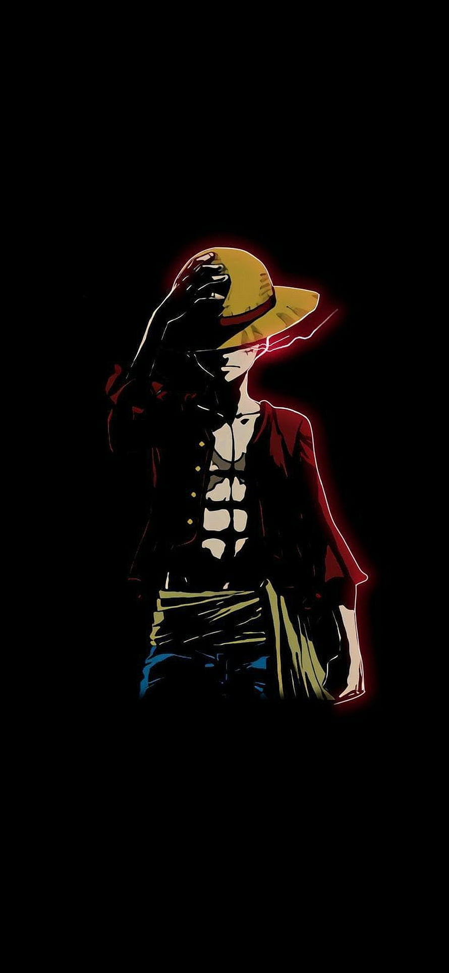 Luffy Dark Aesthetic Anime Character with Straw Hat and Red Glow on Black Background HD phone wallpaper