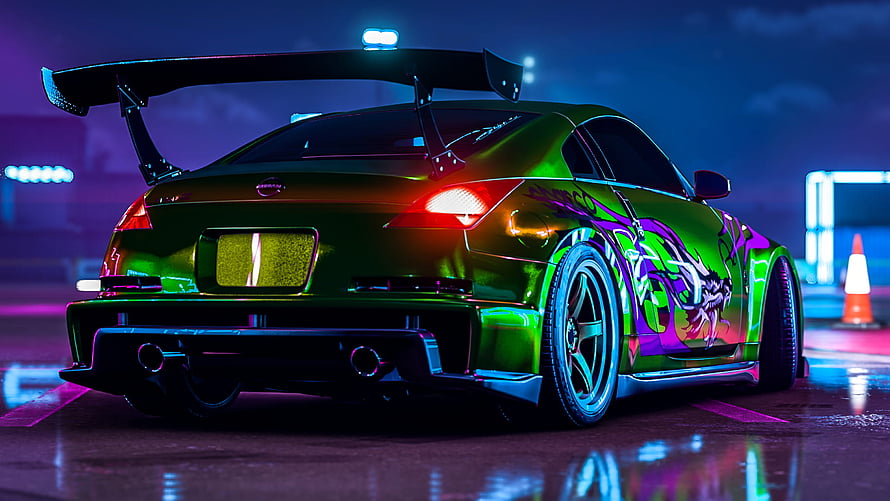 Nissan 350Z Neon Green JDM Drift Car in Cyberpunk Night Setting HD wallpaper