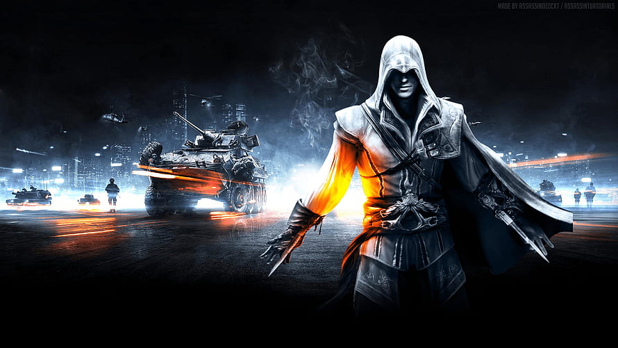 Assassin's Creed Ezio Auditore in a War-Torn City with Tanks and Military Vehicles HD wallpaper