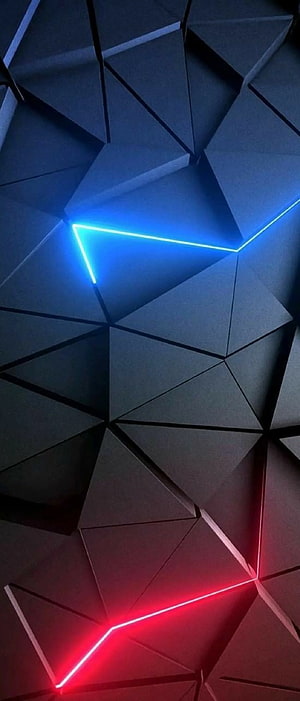 Dark Geometric Faceted Surface with Blue and Red Neon Light Accents HD phone wallpaper