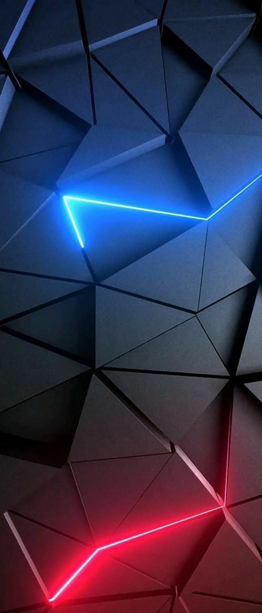 Dark Geometric Faceted Surface with Blue and Red Neon Light Accents HD phone wallpaper