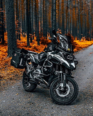 BMW R 1250 GS Adventure Motorcycle Parked on Forest Road with Luggage HD phone wallpaper