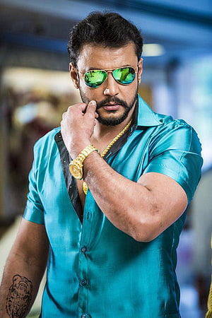 Darshan in Teal Silk Shirt with Green Aviator Sunglasses and Gold Accessories HD phone wallpaper
