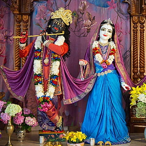 Krishna and Radha Temple Deities Adorned in Traditional Indian Attire HD phone wallpaper