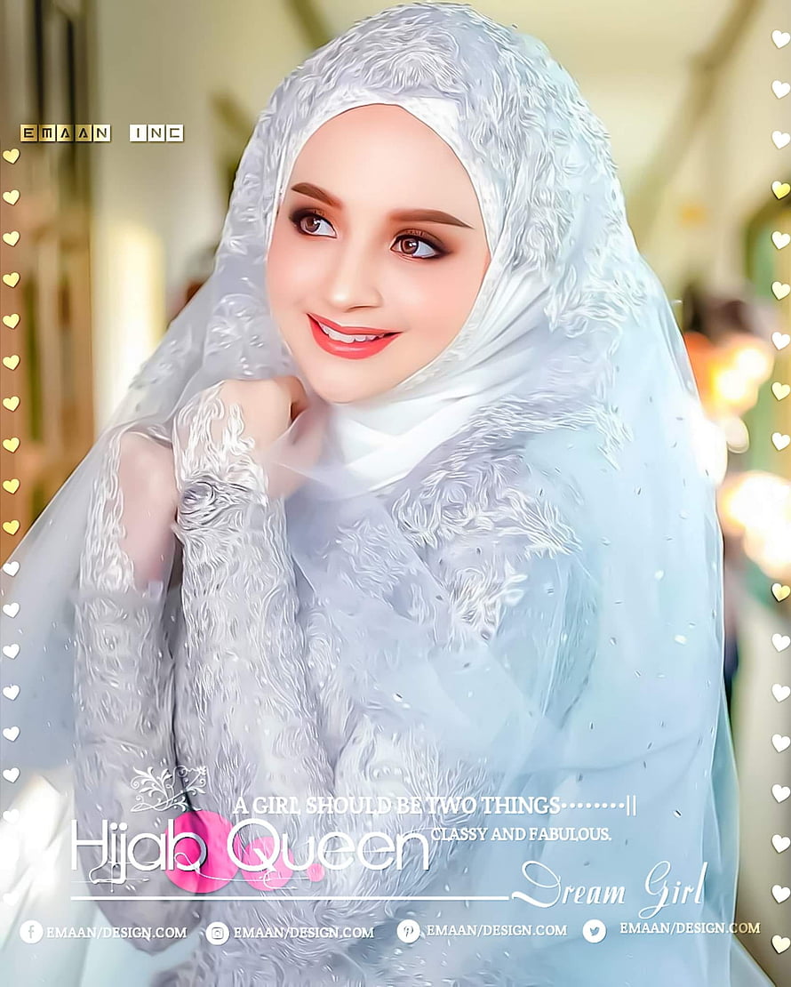 Elegant Muslim Woman in White Embroidered Hijab with Soft Blue Tones HD phone wallpaper