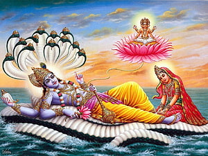 Lord Vishnu Reclining on Shesha Naga with Goddess Lakshmi and Brahma on Lotus HD wallpaper