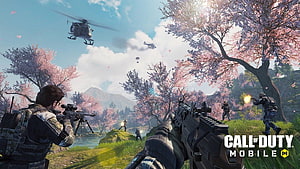 Call of Duty Mobile Battlefield Scene with Cherry Blossoms and Helicopters HD wallpaper