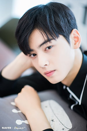 Cha Eun Woo Close-Up Portrait in Black Shirt with Soft Studio Lighting HD phone wallpaper