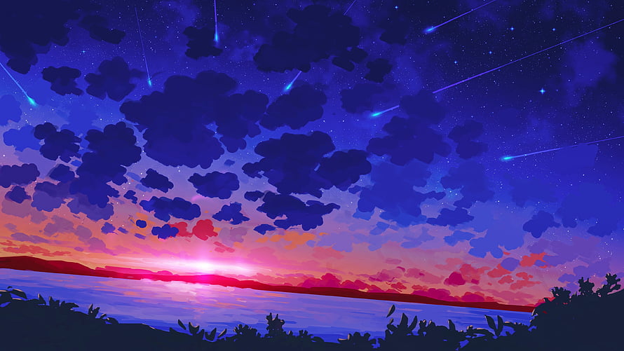 Digital Art Landscape: Vibrant Sunset Over Lake with Meteor Shower and Starry Night Sky HD wallpaper