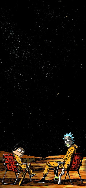 Rick and Morty characters sitting on a barren alien planet under a vast starry night sky HD phone wallpaper