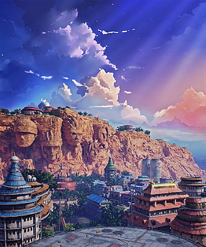 Hidden Leaf Village Konoha Landscape with Carved Cliff Faces and Traditional Architecture HD phone wallpaper