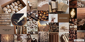 Light Brown Aesthetic Collage Featuring Coffee, Books, and Warm Tones HD wallpaper