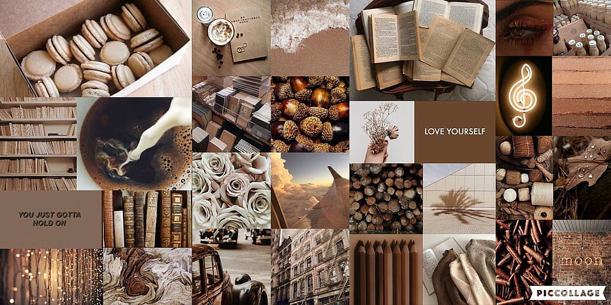 Light Brown Aesthetic Collage Featuring Coffee, Books, and Warm Tones HD wallpaper