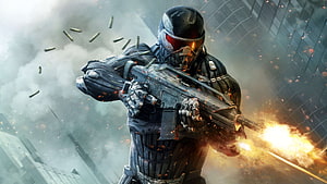 Tactical Soldier Firing Assault Rifle in Urban Combat Zone HD wallpaper