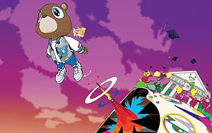 Kanye West Graduation Album Artwork with Floating Bear Character and Surreal Sky HD wallpaper