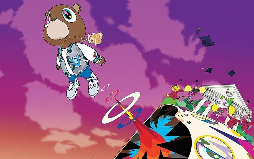 Kanye West Graduation Album Artwork with Floating Bear Character and Surreal Sky HD wallpaper