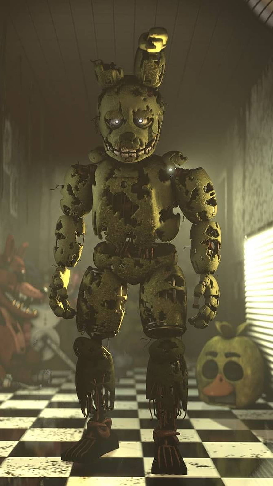 Decayed Springtrap Animatronic Standing in Dark FNAF Hallway HD phone wallpaper