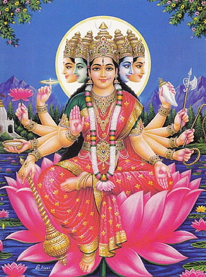 Maa Gayatri Seated on Lotus with Multiple Arms and Faces in Traditional Indian Art HD phone wallpaper